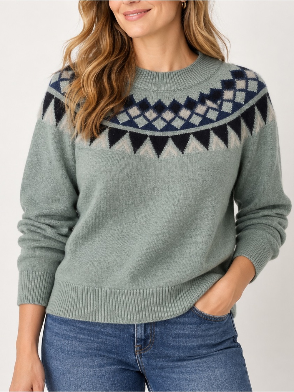 Ann Taylor XL Sage Green Fair Isle Nordic Fuzzy Yoke Sweater